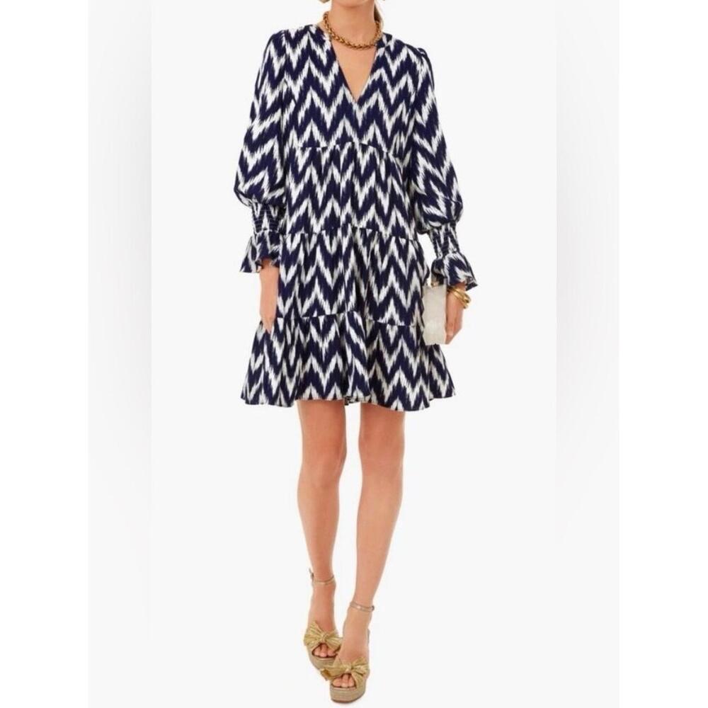 Pomander Place Tuckernuck Mini Dress Women's Small Navy Ikat Long Sleeves Tiered